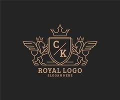 Initial CK Letter Lion Royal Luxury Heraldic,Crest Logo template in vector art for Restaurant, Royalty, Boutique, Cafe, Hotel, Heraldic, Jewelry, Fashion and other vector illustration.