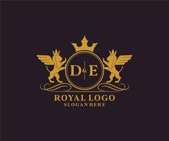 Initial DE Letter Lion Royal Luxury Heraldic,Crest Logo template in vector art for Restaurant, Royalty, Boutique, Cafe, Hotel, Heraldic, Jewelry, Fashion and other vector illustration.