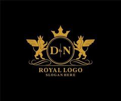 Initial DN Letter Lion Royal Luxury Heraldic,Crest Logo template in vector art for Restaurant, Royalty, Boutique, Cafe, Hotel, Heraldic, Jewelry, Fashion and other vector illustration.