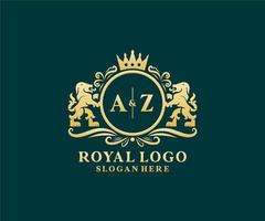 Initial AZ Letter Lion Royal Luxury Logo template in vector art for Restaurant, Royalty, Boutique, Cafe, Hotel, Heraldic, Jewelry, Fashion and other vector illustration.