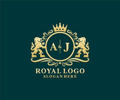 Initial AJ Letter Lion Royal Luxury Logo template in vector art for Restaurant, Royalty, Boutique, Cafe, Hotel, Heraldic, Jewelry, Fashion and other vector illustration.