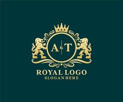 Initial AT Letter Lion Royal Luxury Logo template in vector art for Restaurant, Royalty, Boutique, Cafe, Hotel, Heraldic, Jewelry, Fashion and other vector illustration.