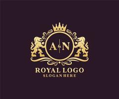 Initial AN Letter Lion Royal Luxury Logo template in vector art for Restaurant, Royalty, Boutique, Cafe, Hotel, Heraldic, Jewelry, Fashion and other vector illustration.