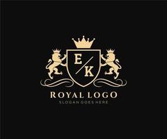 Initial EK Letter Lion Royal Luxury Heraldic,Crest Logo template in vector art for Restaurant, Royalty, Boutique, Cafe, Hotel, Heraldic, Jewelry, Fashion and other vector illustration.