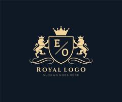 Initial EO Letter Lion Royal Luxury Heraldic,Crest Logo template in vector art for Restaurant, Royalty, Boutique, Cafe, Hotel, Heraldic, Jewelry, Fashion and other vector illustration.