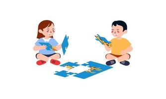 Happy cute little kids play jigsaw puzzle illustration vector