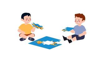 Happy cute little kids play jigsaw puzzle illustration vector