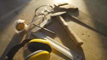 Carpentry workshop tools and supplies. Carpentry tools and equipment on the table. video