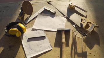 Carpentry tools and equipment on the table. Items and tools used by a carpenter for work. video