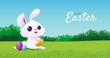 Happy Easter banner with cute white bunny and eggs. Vector illustration with cartoon rabbit on green field. Colorful card, banner, background, poster template.