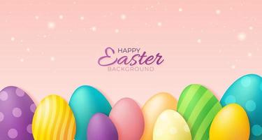 Happy Easter background with colorful eggs, text and flares. Magical Vector illustration for banner, poster, card, sale. Objects are layered.