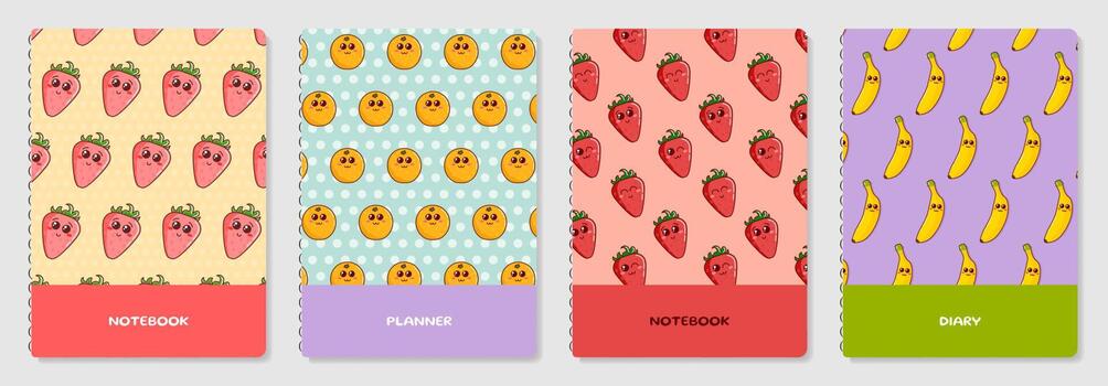 Cover page templates. Vector Cartoon Fruit and Berries prints. Applicable patterns for notebooks, planners, brochures, books, catalogs etc. Seamless patterns, easy to re-size.