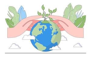 salvar planeta y energía concepto. manos cerca el planeta desde contaminación. ambiental y tierra día vector ilustración para aterrizaje página, web bandera, héroe imágenes, página principal