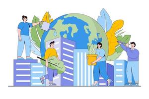 People preparing for the holiday, saving planet and world environment day. Environmental and earth day vector cartoon illustration for landing page, web banner, hero images