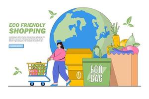 Eco life, friendly shopping and no plastic. People buy fresh food, fruit and vegetable in eco bag. Environmental and earth day vector cartoon illustration for landing page, web banner, hero images