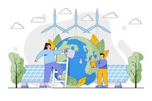 Ecology concept. People take care about planet and protect nature. Environmental and earth day vector cartoon illustration for landing page, web banner, hero images