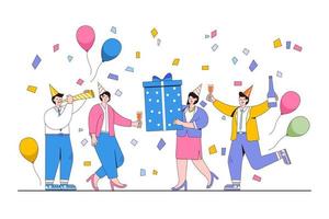 Work celebration concept. Happy people celebrating birthday with confetti, balloons, party hats. Outline design style minimal vector illustration for landing page, infographics, hero images