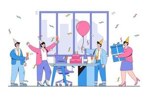 Office party with employees concept with jubilant workers, confetti, cake, and champagne. Outline design style minimal vector illustration for landing page, web banner, infographics, hero images