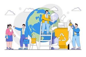 Business employee engaged in recycling garbage, save planet and energy concept. Environmental and earth day vector cartoon illustration for landing page, web banner, hero images