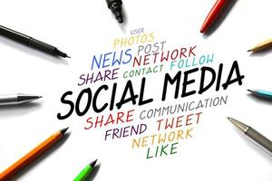 Social Media Word and Pens on White Background photo