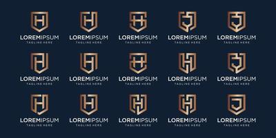 set of letter H J monogram and shield sign combination. Line art logo design. Symbolizes reliability, safety, power, security.  luxury logotype. vector