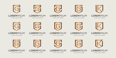 set of letter G K monogram and shield sign combination. Line art logo design. Symbolizes reliability, safety, power, security.  luxury logotype. vector