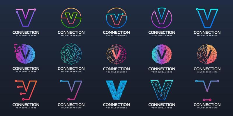 Set of letter V logo design. technology design combined with letter vector.