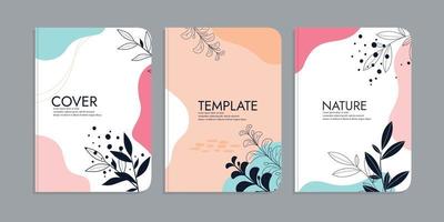 set of book cover templates with hand drawn floral decorations. beauty botanical abstract background. size A4 For notebooks, school books, diaries, planners, brochures, books, catalogs vector