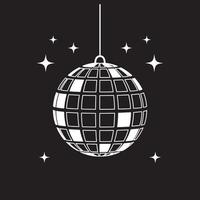 White disco ball with retro stars on a black background. 70s retro print for graphic tee. vector