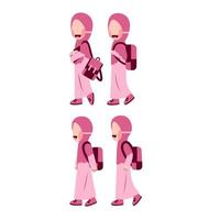 Set Of Hijab Girl Student With Schoolbag vector