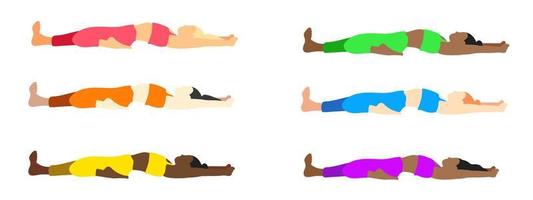 Flexibility yoga poses collection. European, African, Asian female, lady, woman, girl. Pilates, mental health, training, gym. Vector illustration in cartoon flat style isolated on white background.