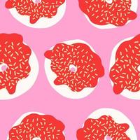 Seamless pattern of donut rings in cartoon flat style. With white sprinkles, red cream and white glazed base. Sweet bakery. Vector colorful illustration isolated on pink background.