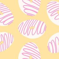 Seamless pattern of donut rings in cartoon flat style. White hearths sprinkles on a pink cream with chocolate base. Sweet bakery. Vector colorful illustration isolated on light background.