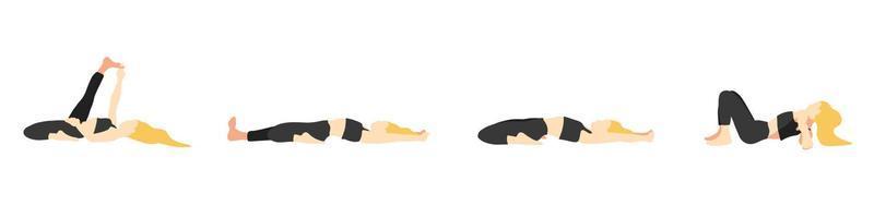 Flexibility yoga poses collection. European female, lady, woman, girl. Long blonde hair. Black tracksuit. Pilates, training. Vector illustration in cartoon flat style isolated on white background.