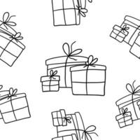 Christmas and New Year Gifts. Vector seamless pattern in outline doodle style isolated on white background