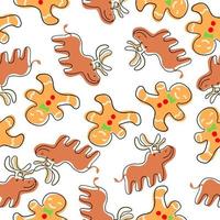 Gingerbread Man and Deer in cartoon style. Christmas and New Year cookie. Vector seamless pattern isolated on white background.