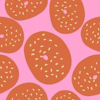 Seamless pattern of donut rings in cartoon flat style. Vanilla sprinkles and toasted base. Sweet bakery for candy shop or wallpaper. Vector colorful illustration isolated on pink background.