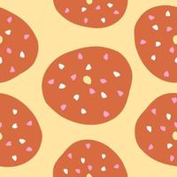 Seamless pattern of donut rings in cartoon flat style with white and pink hearths and toasted base. Sweet bakery, candy, breakfast, sugary. Vector colorful illustration isolated on light background.