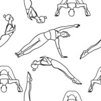 Yoga poses seamless pattern. Female, lady, woman, girl. Meditation, pilates, mental health, training, texture. Vector illustration in outline cartoon flat style isolated on white background.