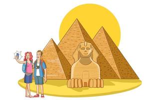 vector ilustración de turista Pareja tomando selfie a egipcio pirámides
