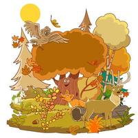 Hola otoño.feliz animales en el bosque Bienvenido otoño.vector ilustración. vector