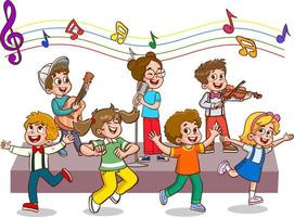 Cartoon group of children singing and dancing in the school choir vector