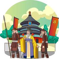 khan japonés, chino, mongol. guerrero oriental sentado en posición de loto en el suelo. hombre oriental en casco y con arco y espada. lindo personaje de dibujos animados. aislado vector