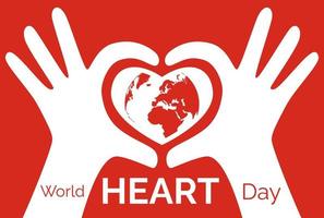 Hands Shape Red Heart Over the World Map for World Heart Day on Red Background vector