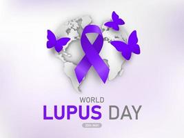 mundo lupus día diseño, con púrpura cinta y mariposa para crónico autoinmunidad conciencia vector