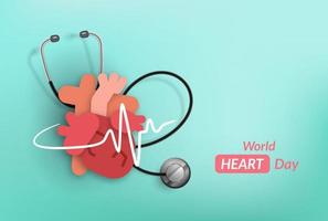 mundo corazón día concepto, corazón forma con un estetoscopio, papel ilustración, y 3d papel vector