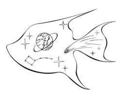 Fish silhouette with space objects comet, planet, star, constellation, monochrome doodling style, black outline drawing. vector