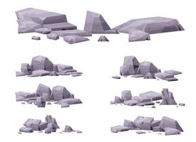 Cartoon stones collection isolated on white. Pieces of mountain rock and desert stones vector illustration