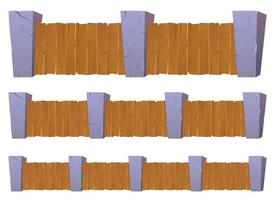 Cartoon fence made from wood and stones set. Vector illustration isolated on white