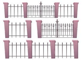 Entry gates and fence made from steel and concrete in cartoon style vector illustration